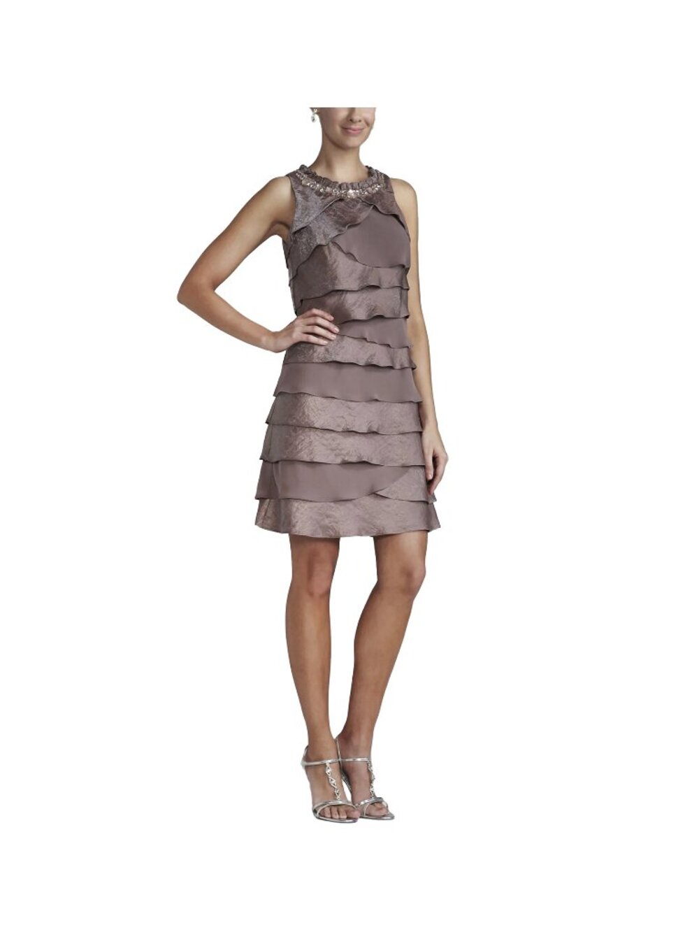 S. L. Fashions Dress Womens Size 16 Brown Steel Jeweled Neckline Tiered Ruffled